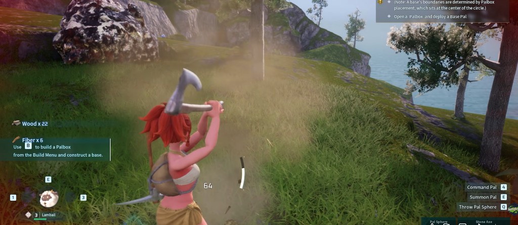 Palworld resource gathering with wood and fiber pickup in-game